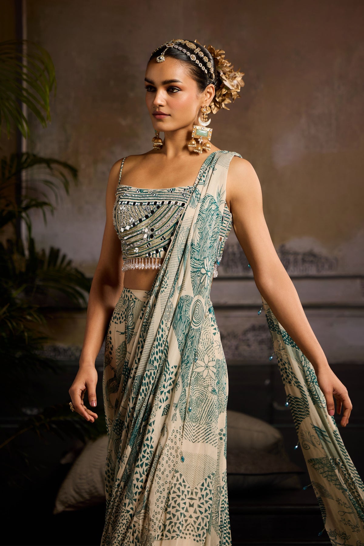 Geometric Print Drape Saree Set