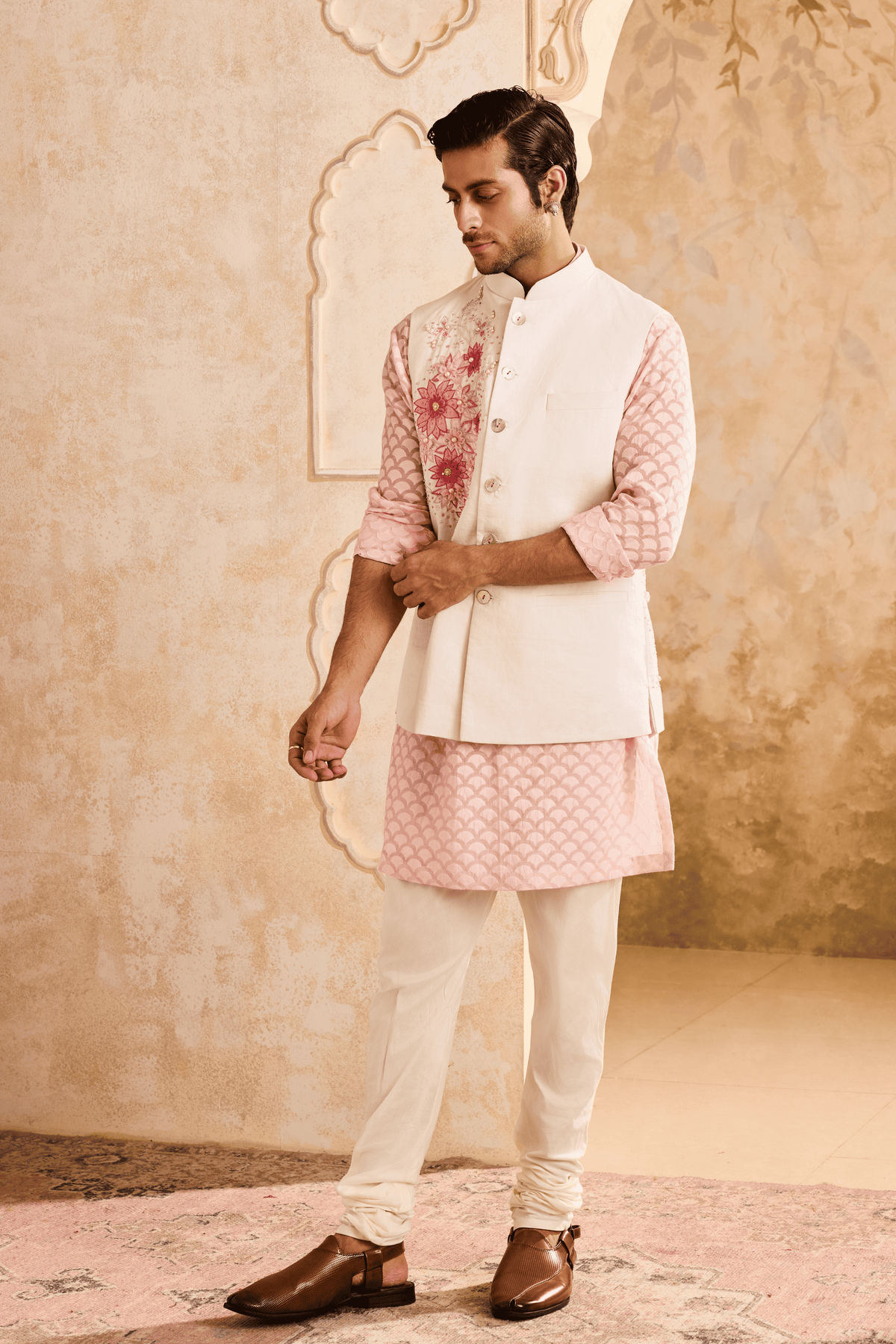 Ivory Floral Nehru Pink Kurta Set