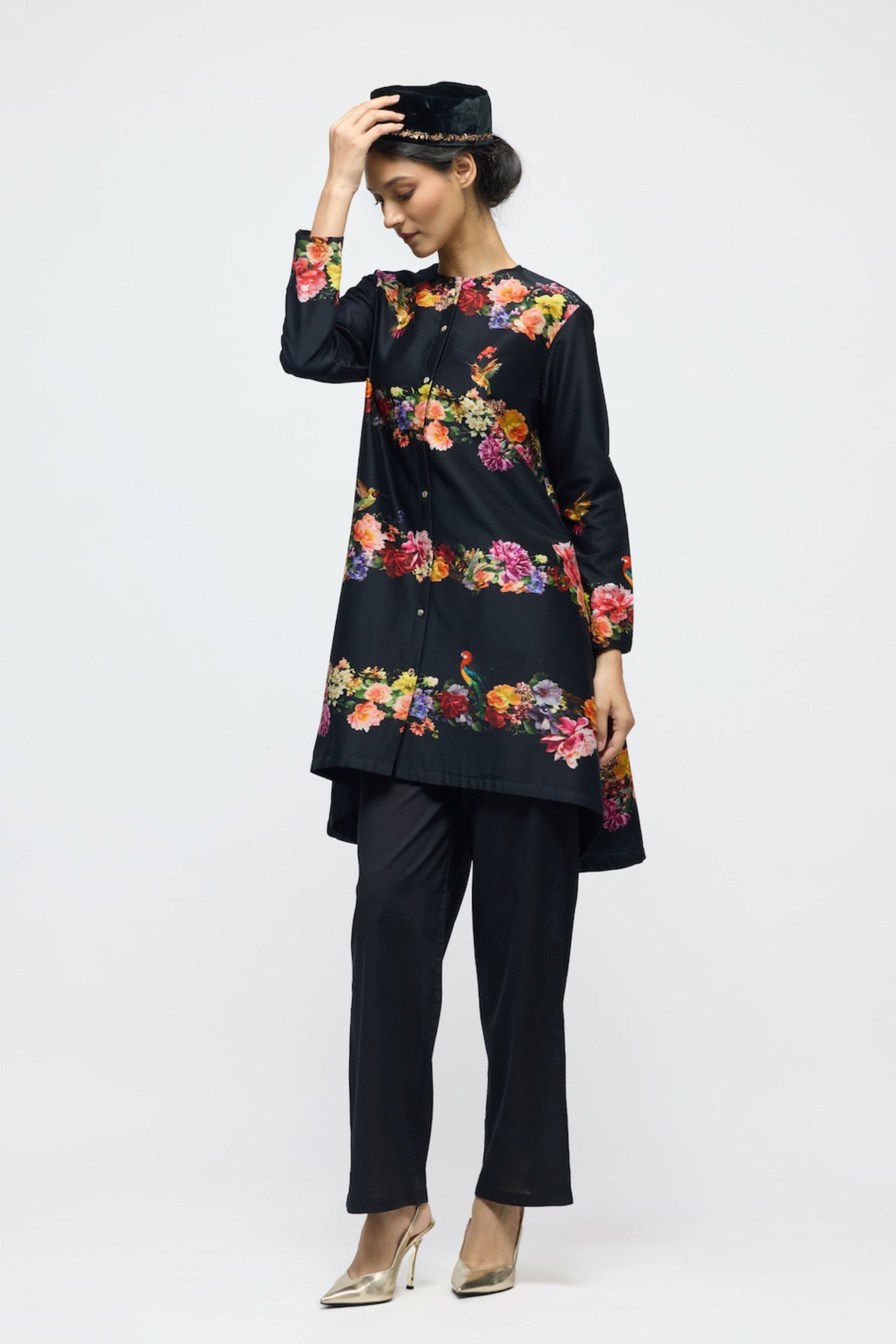 Black Floral Chanderi Tunic Set
