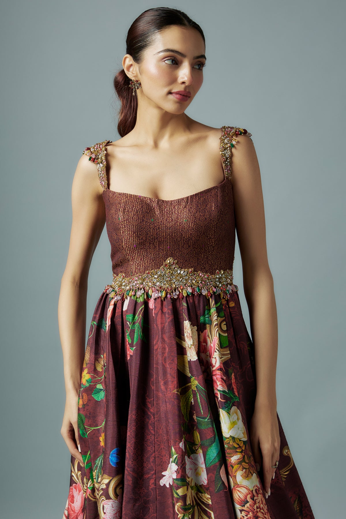 Maroon Botanical Printed Gown