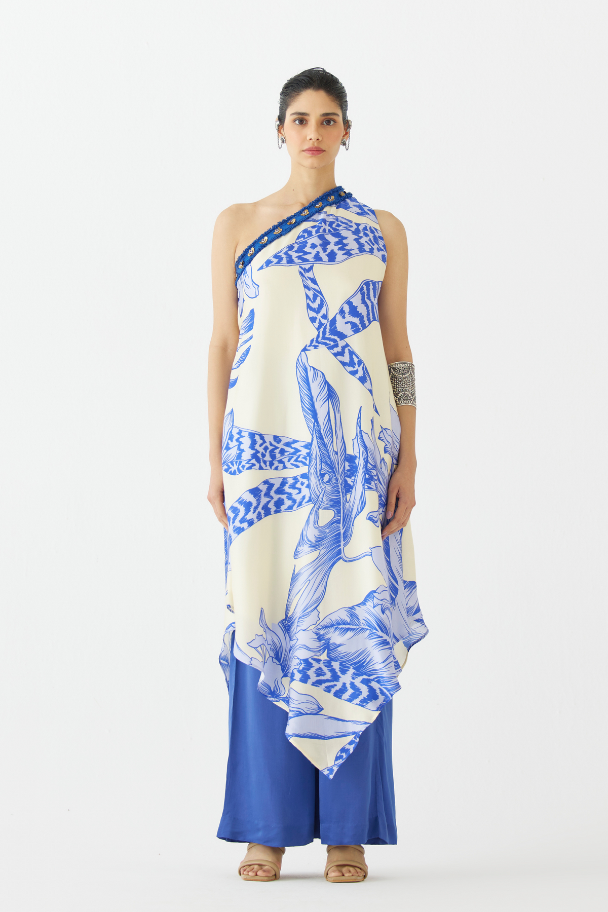 Blue Aphrodite One Shoulder Kurta &amp; Flared Pants Co-ord