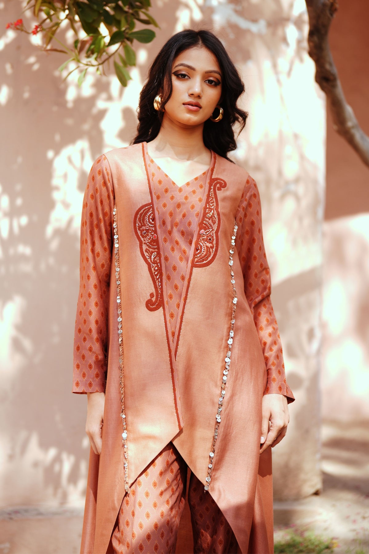 Mocha Chanderi Embroidred Kurta Set
