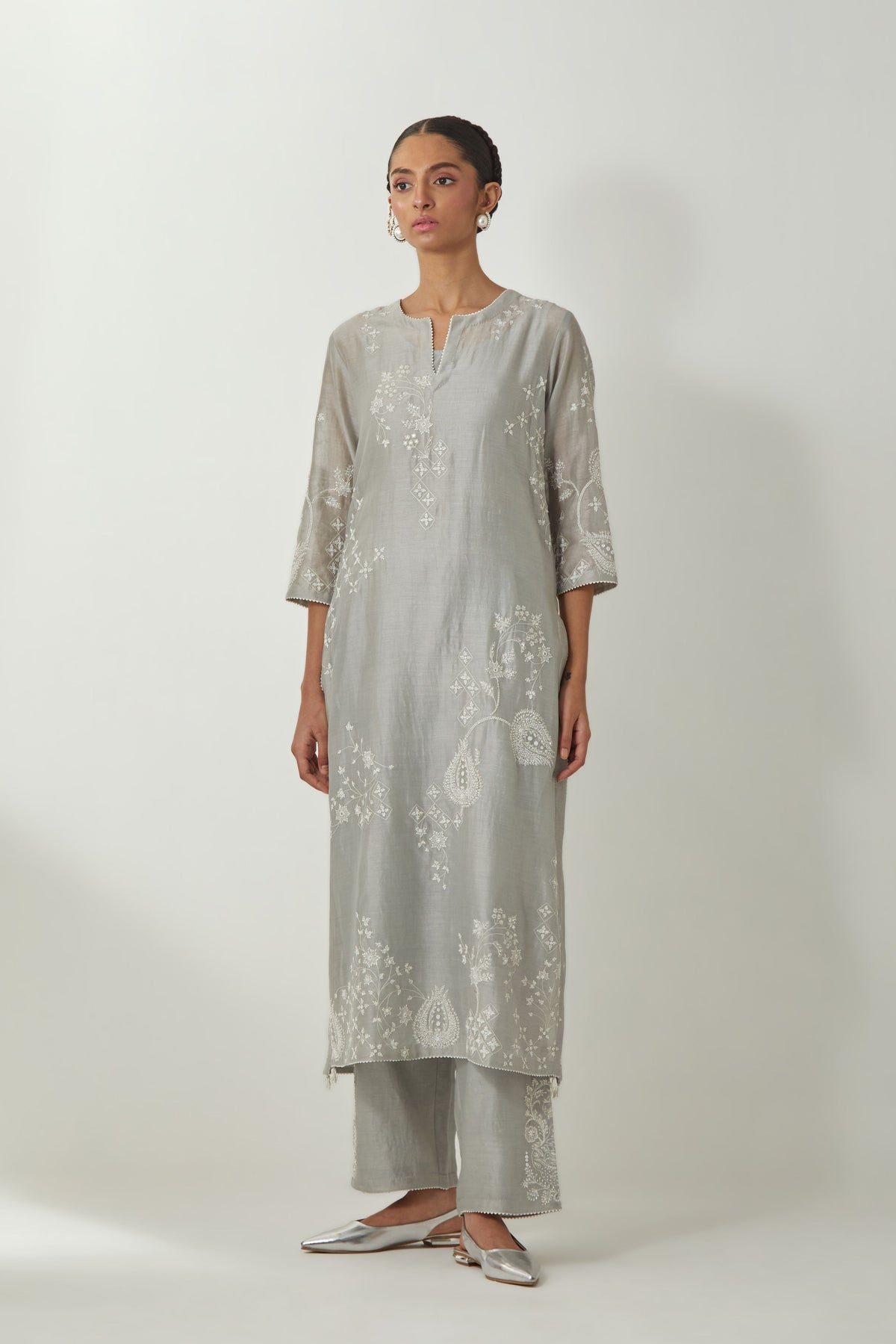 Grey Chanderi Straight Kurta Set