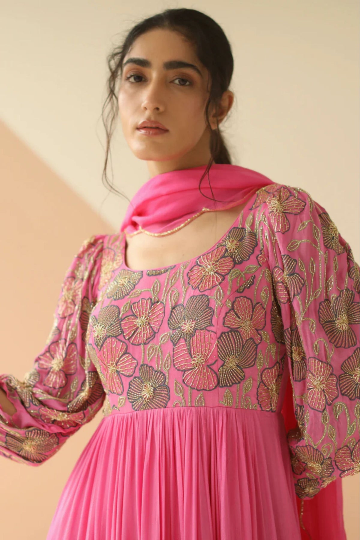 Bubble pink heavy yoke bell sleeves anarkali