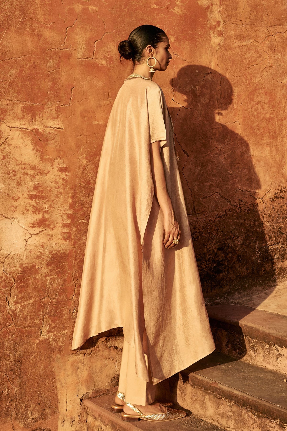 Gota Yoke Beige Kaftan Set
