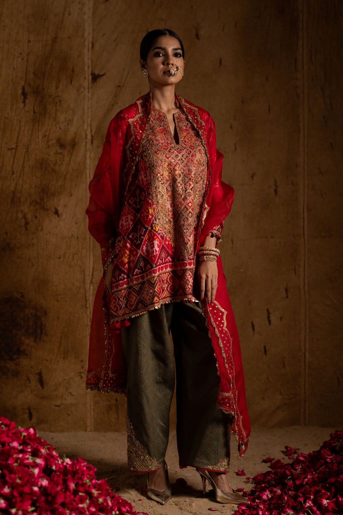 Red Checks Patola Kurta Set