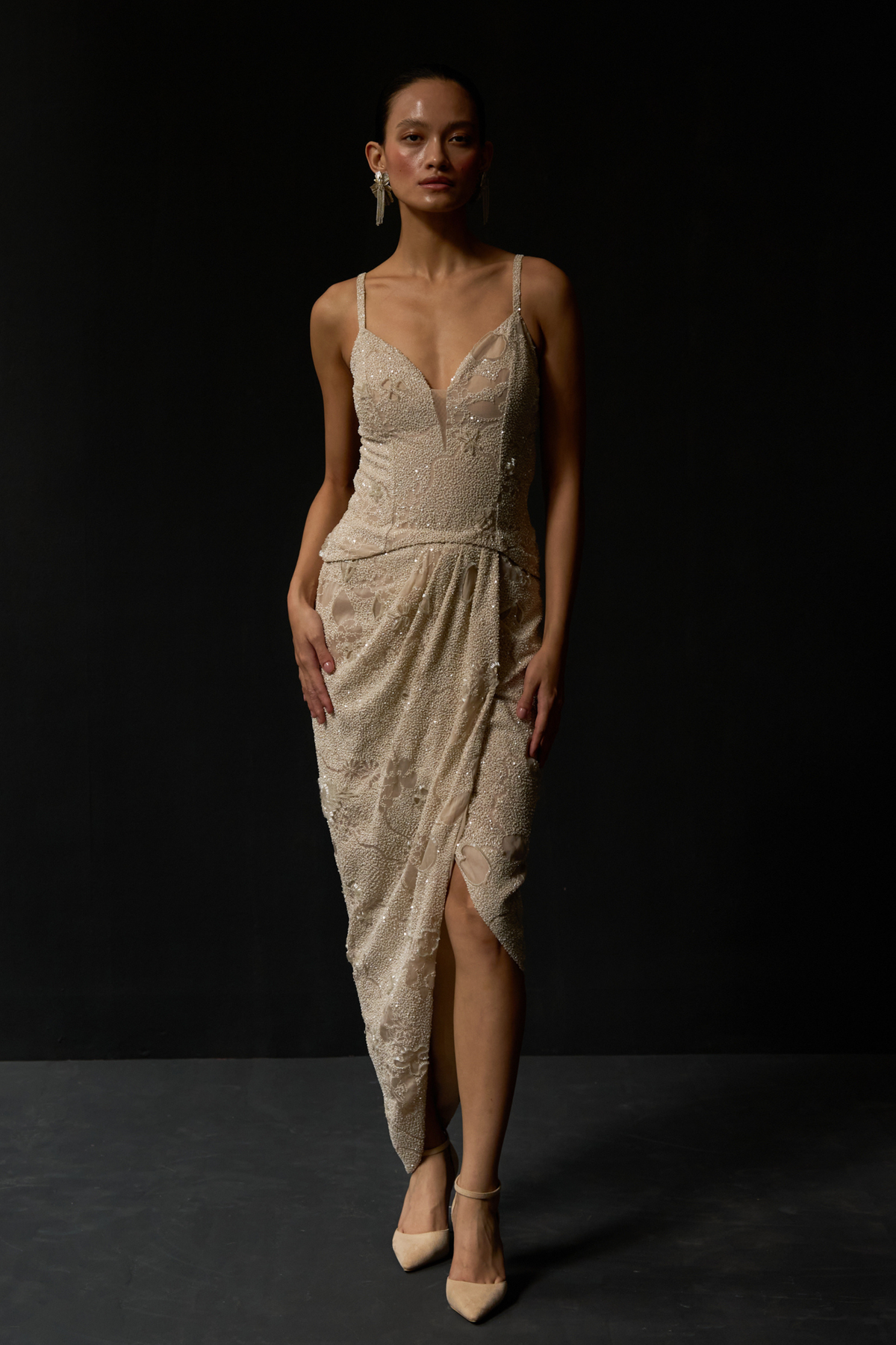 Dot Ivory Nude Botanical Drape Midi Dress