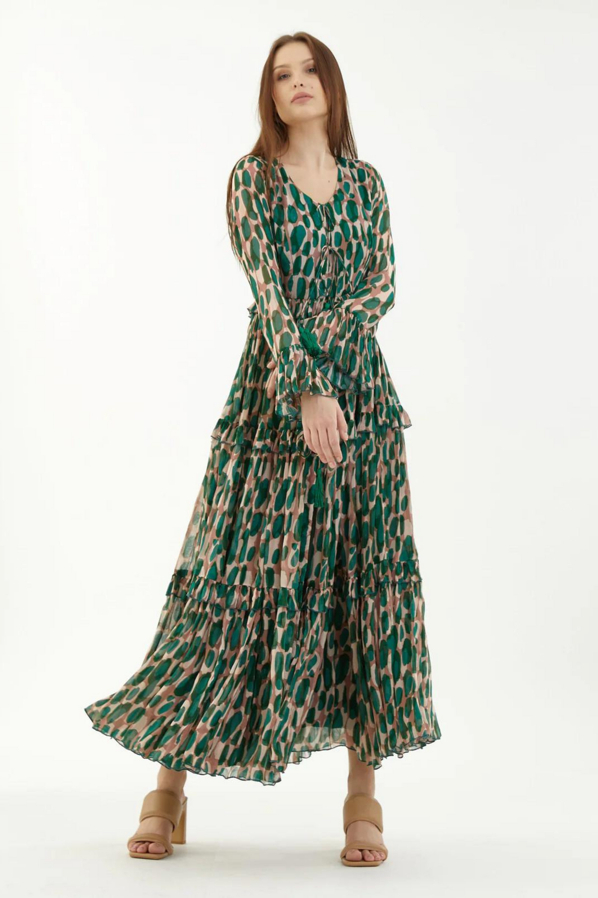 Green And Peach Front Open Frill Dress