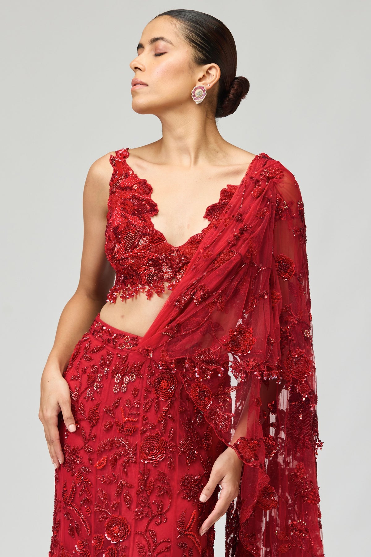 Red Embroidered Saree Set