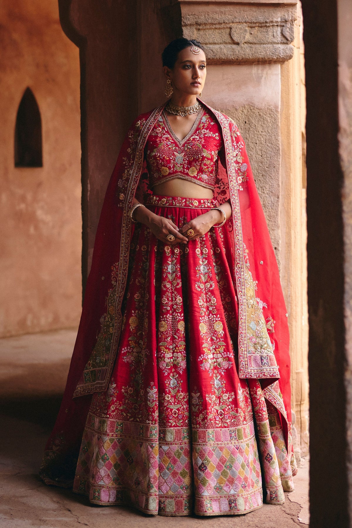 Red Booti Lehenga Set