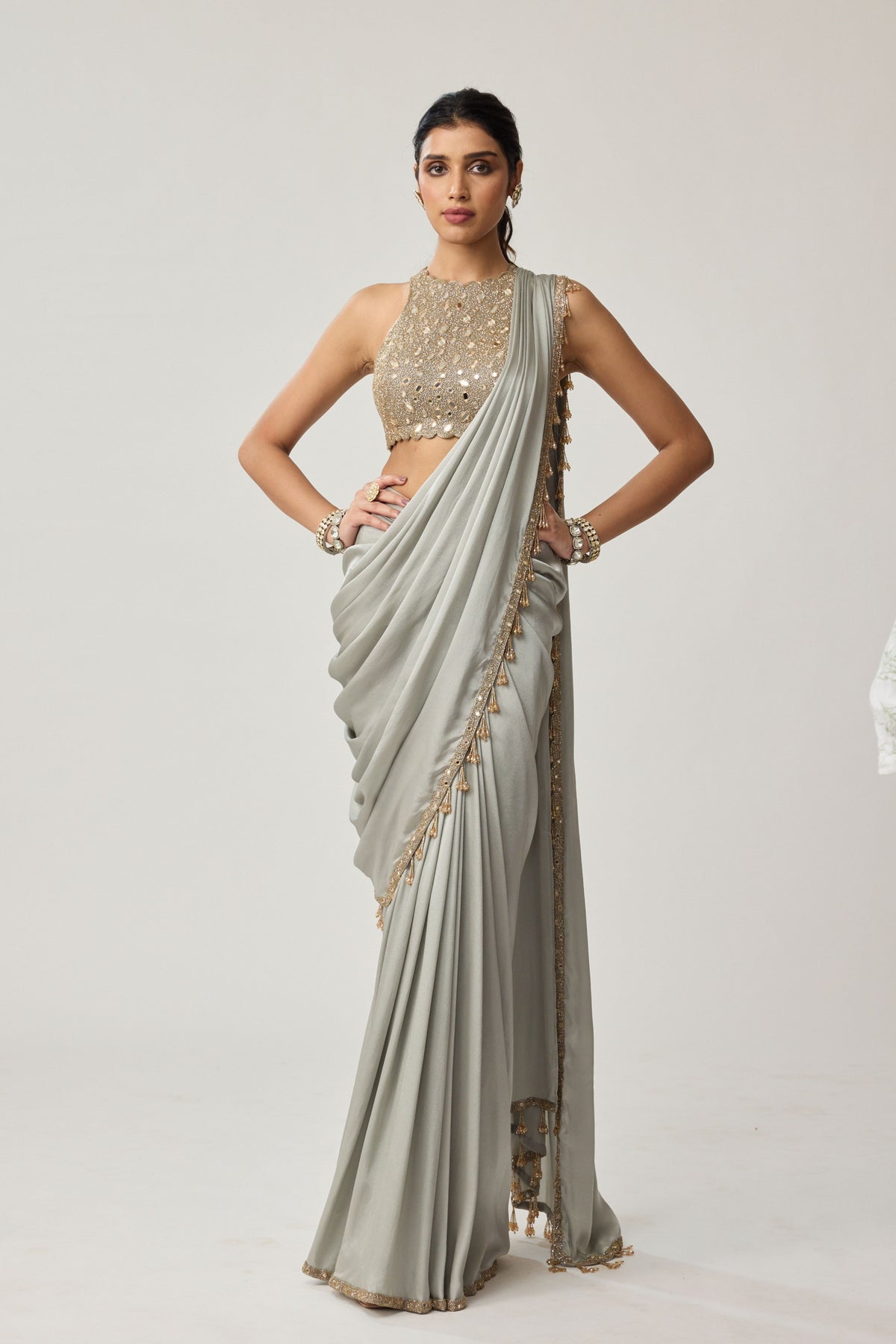 Powder Grey Draped Saree Set