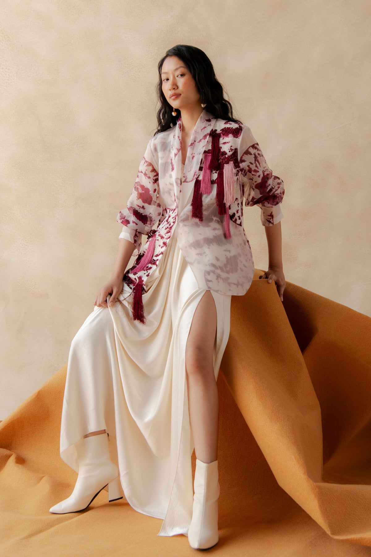 Embroidered Blazer With Drape Skirt