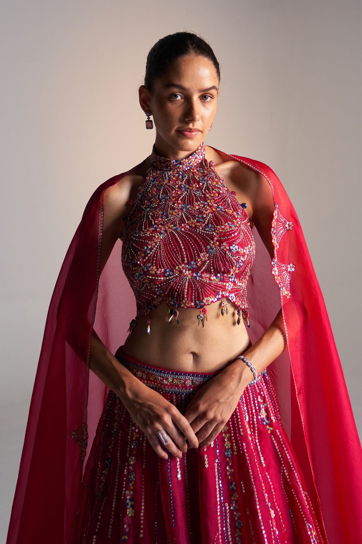 Ruby Embroidered Halter Lehenga Set