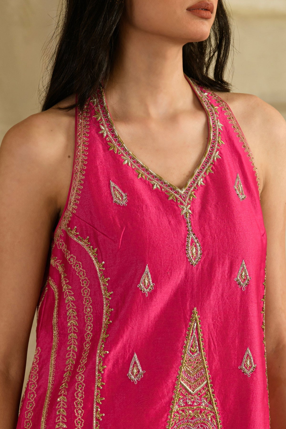 Zeba Halter Kurta Set in Rani Pink