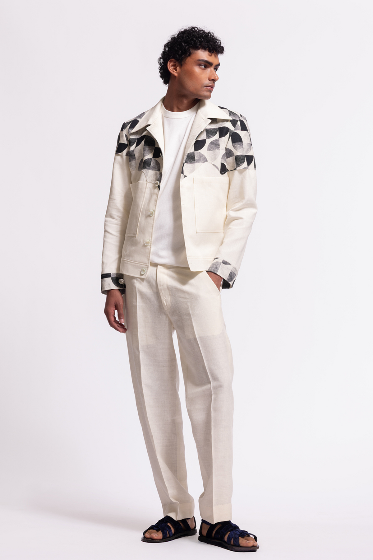 Ivory Printed Linen Jacket With Pockets
