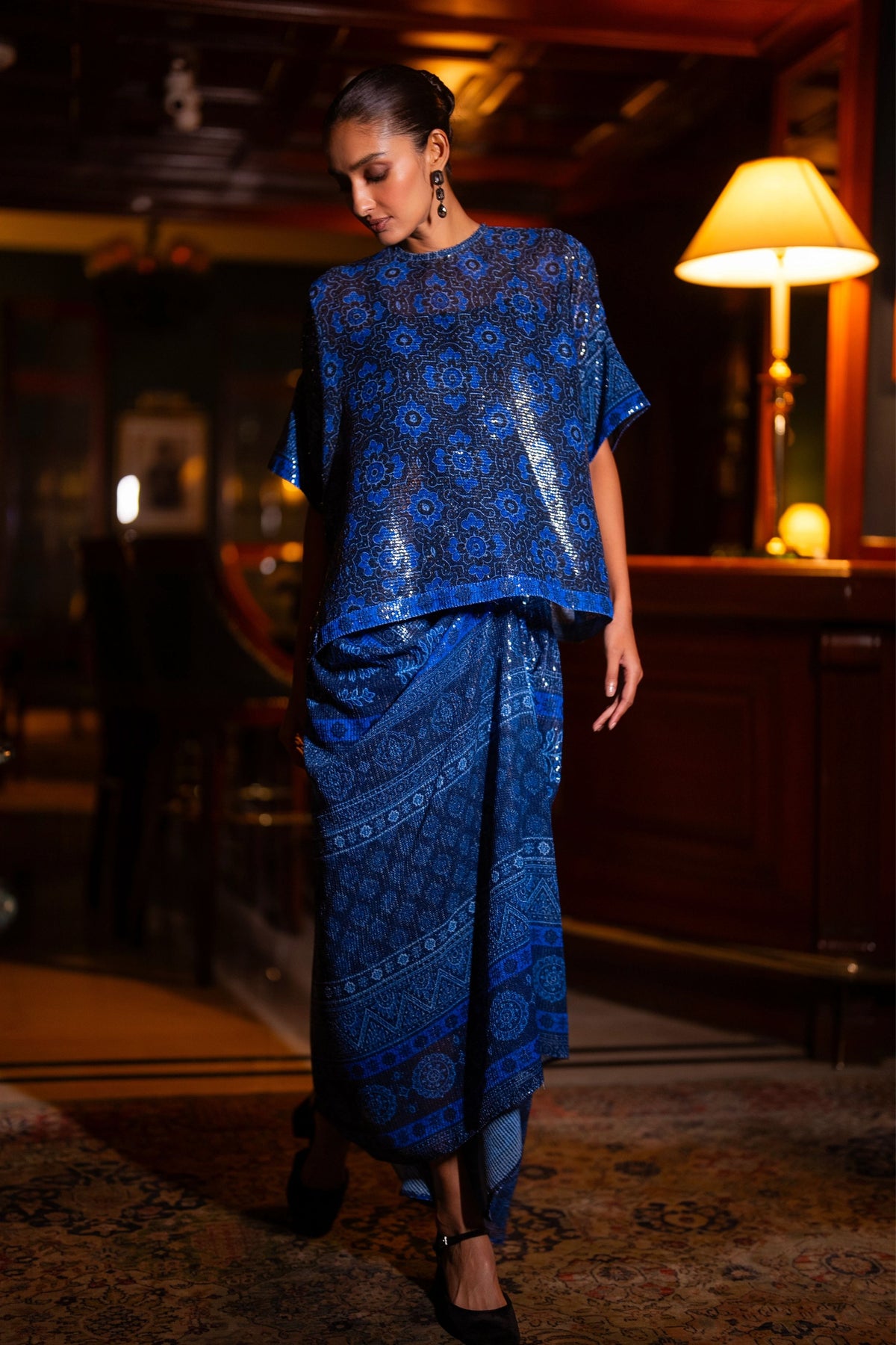 Blue Sequin Boxy Top & Drape Skirt