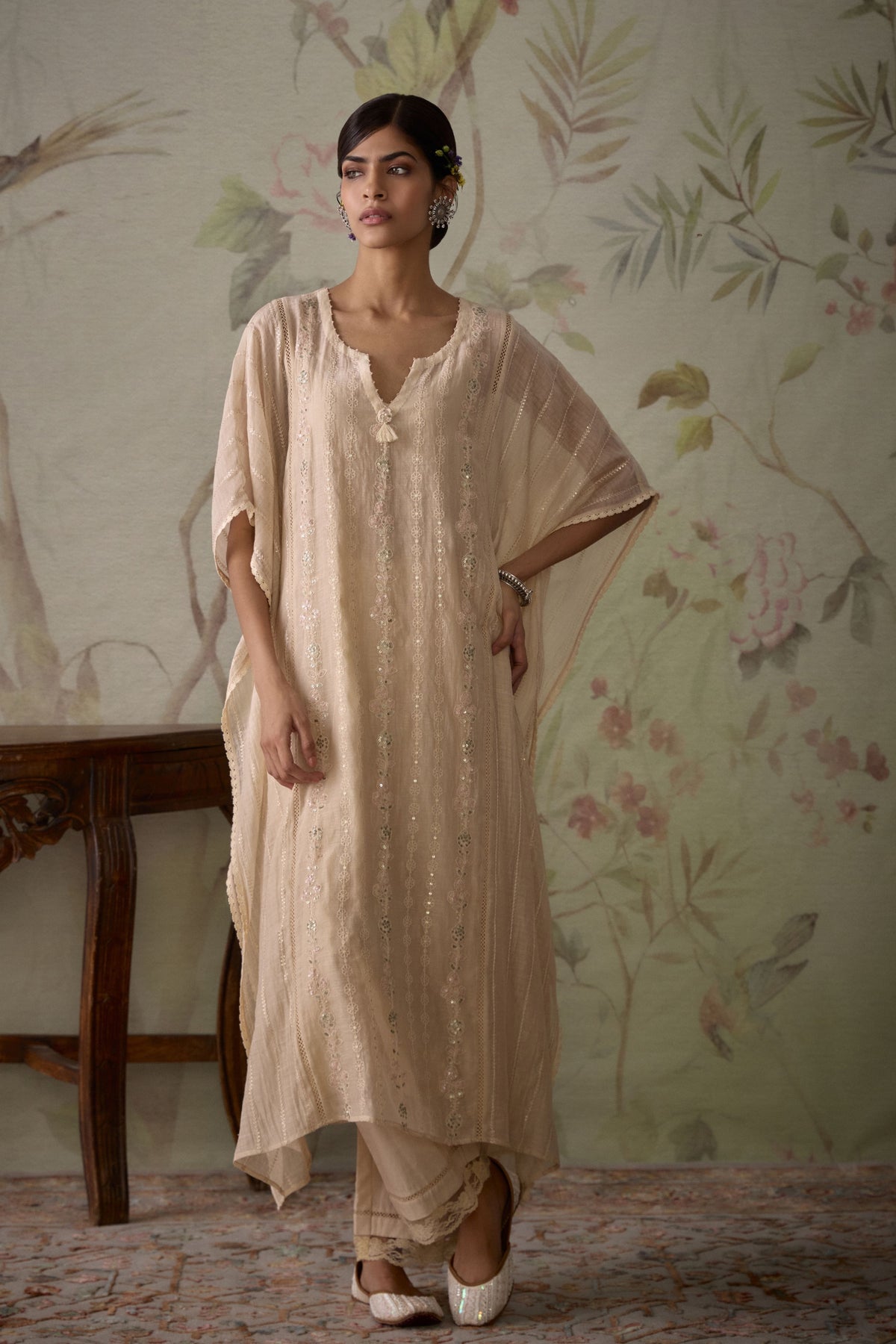Ivory Floral Embroidered Kaftan Set