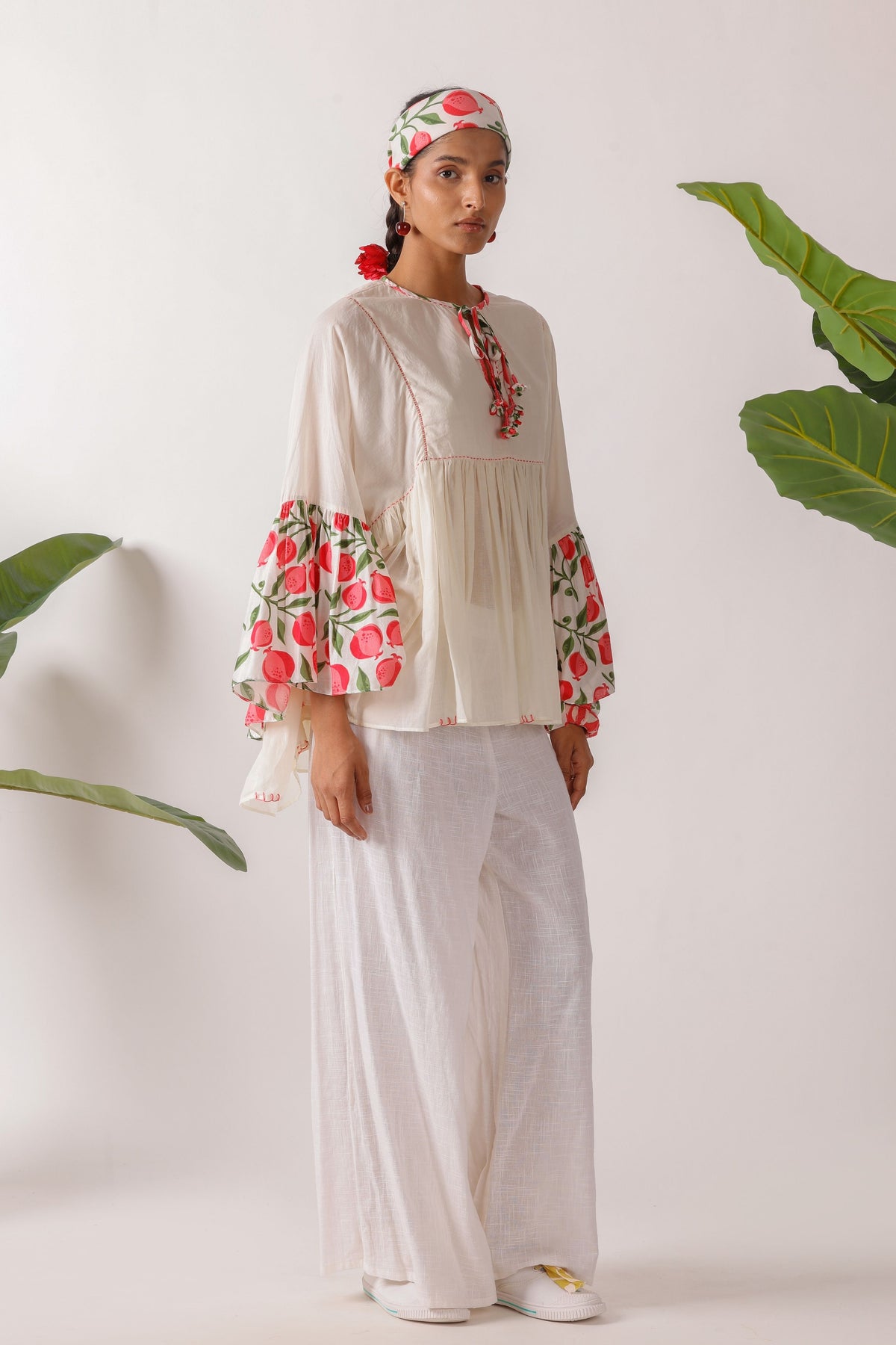 Pomegranate Printed Flared Sleeves Top