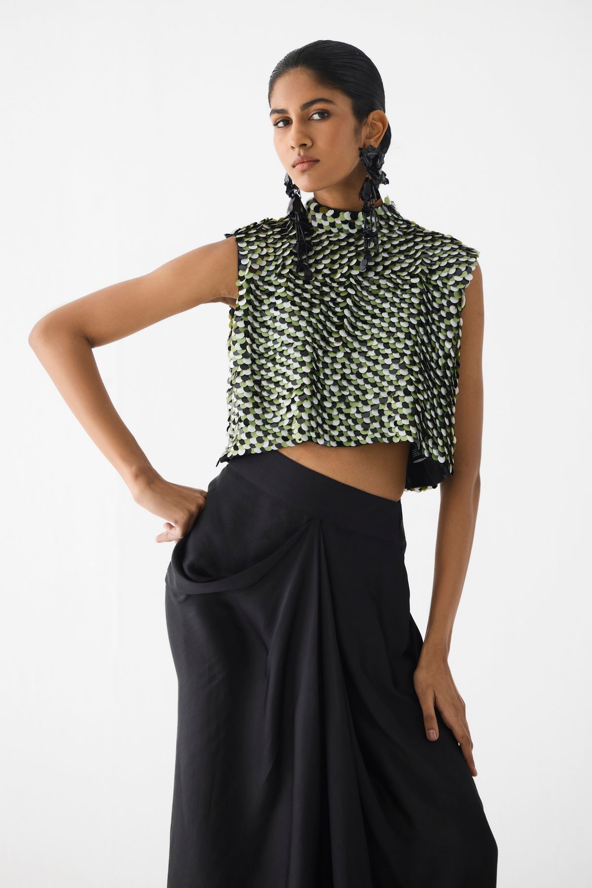 Green Paradise Sequin Top With Knot Skirt