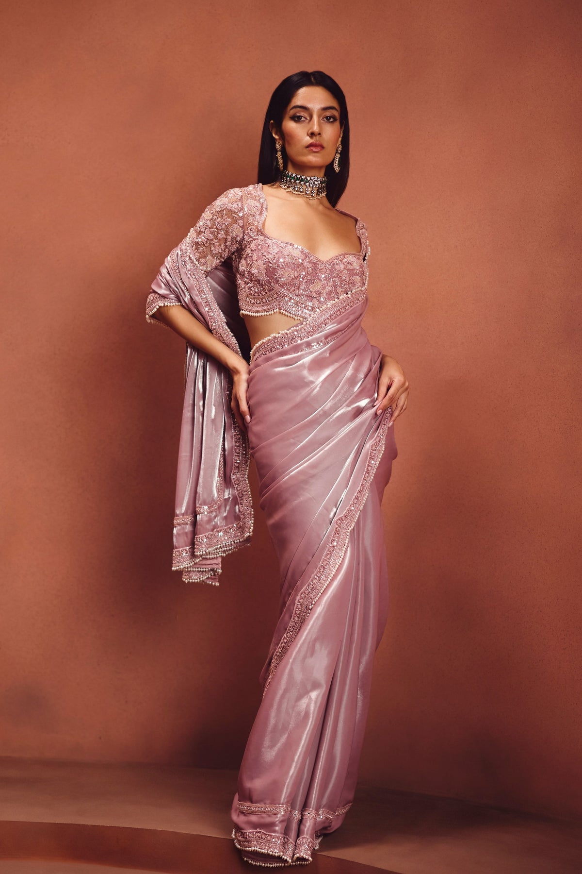 Mauve Embroidered Saree Set