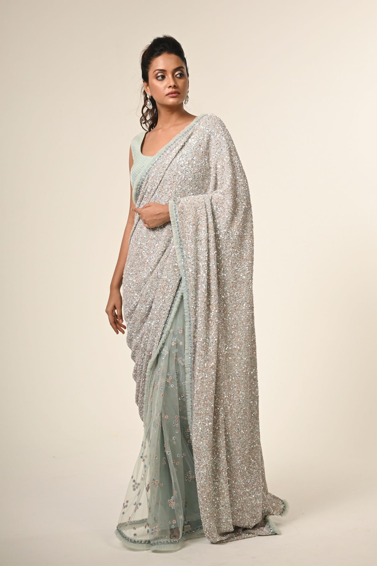 Powder Blue Sequined Saree Set