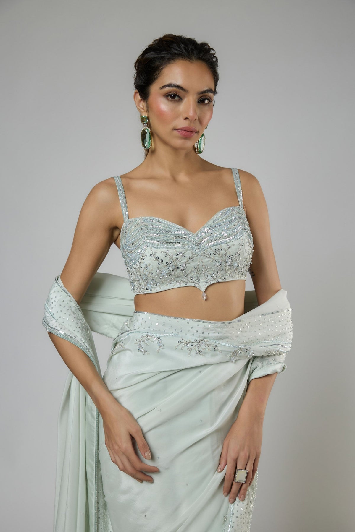 Light Mint Draped Saree Set