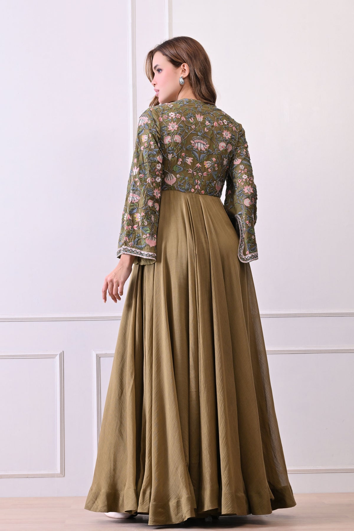 Olive Trumpet Sleeves Embroidered Anarkali