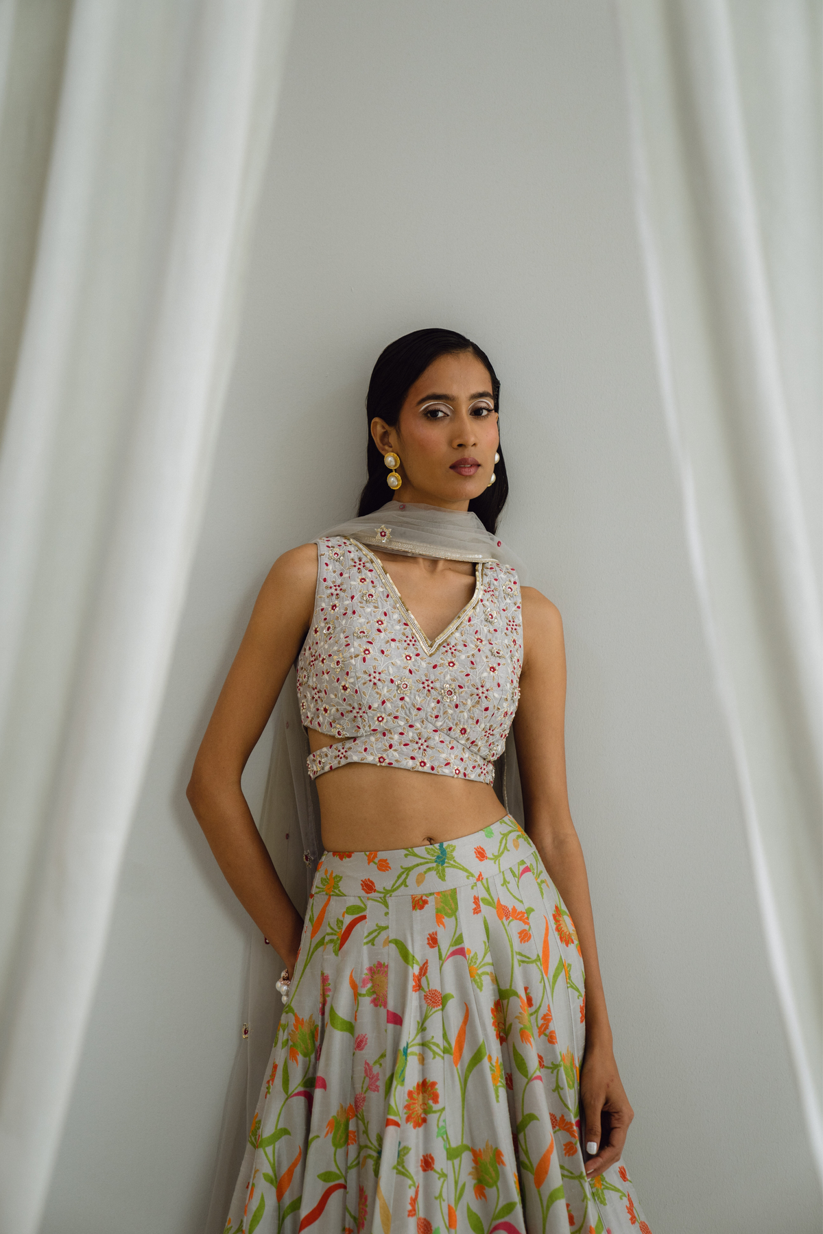 Grey Mix Print Paneled Lehenga Set