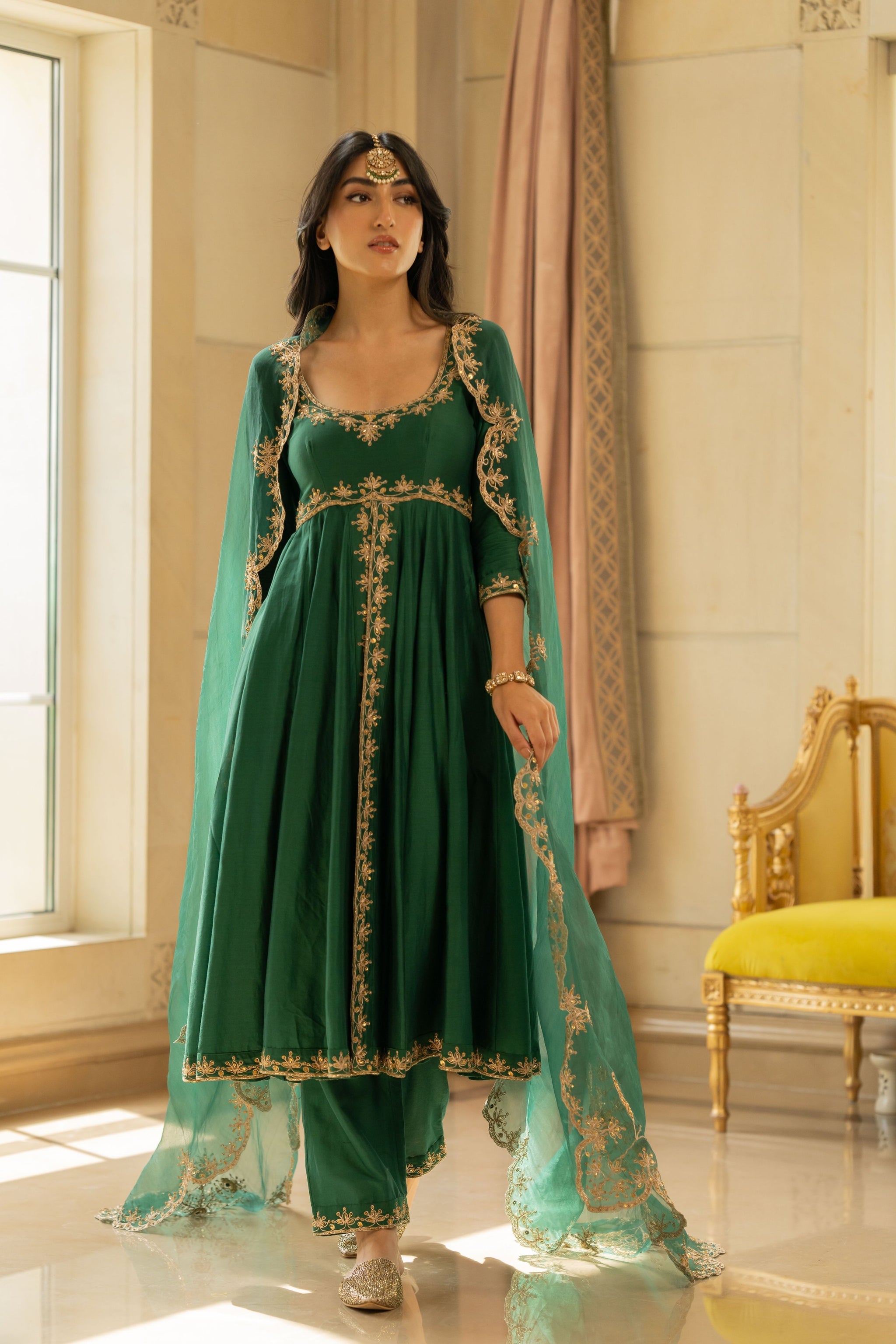 emerald green silk festive tiered anarkali dress Buy Biba Women Emerald Green Silk Festive Tiered Anarkali Dress_36 at Amazon.in
