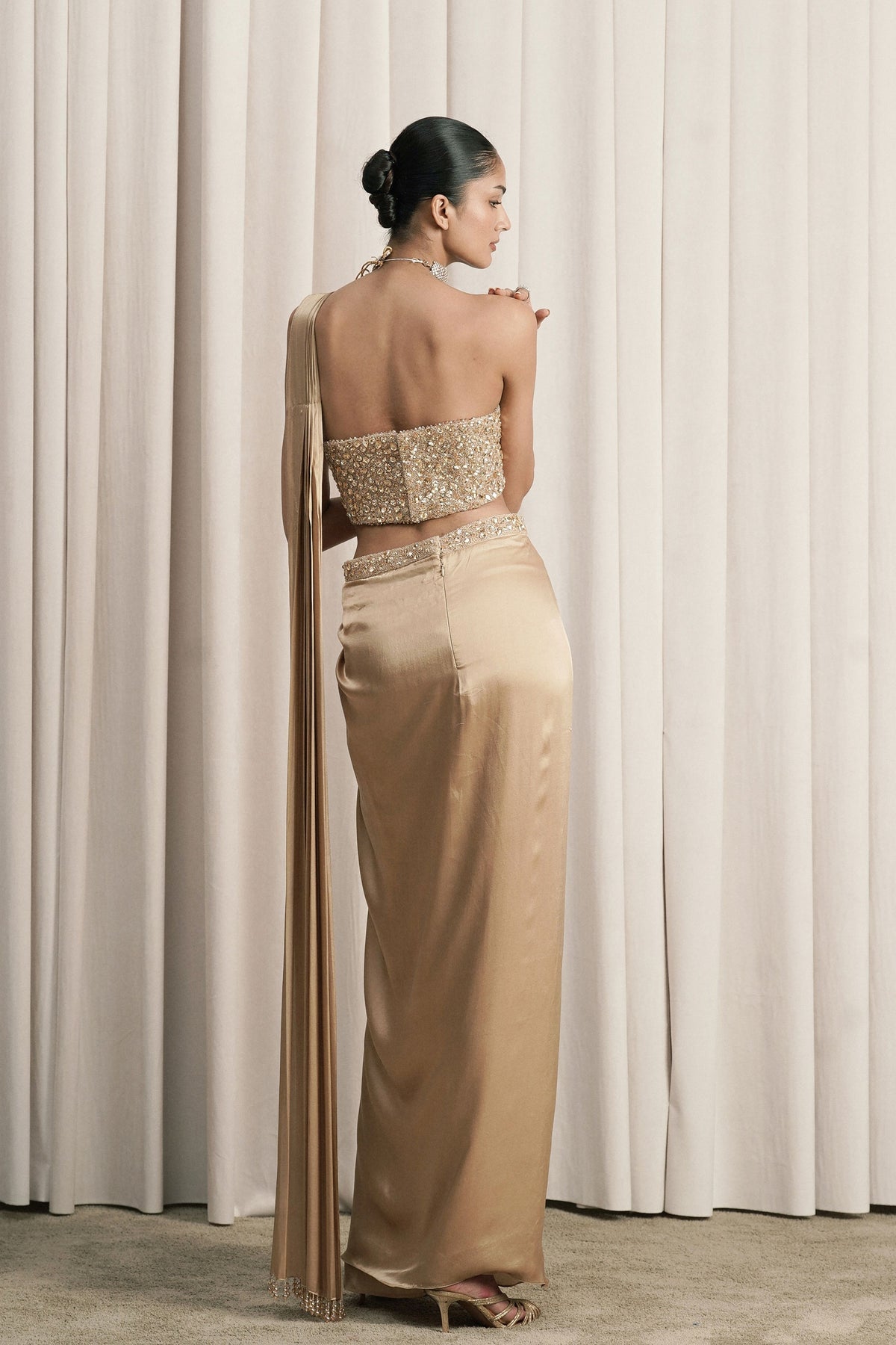 Beige Stonework Corset Saree Set