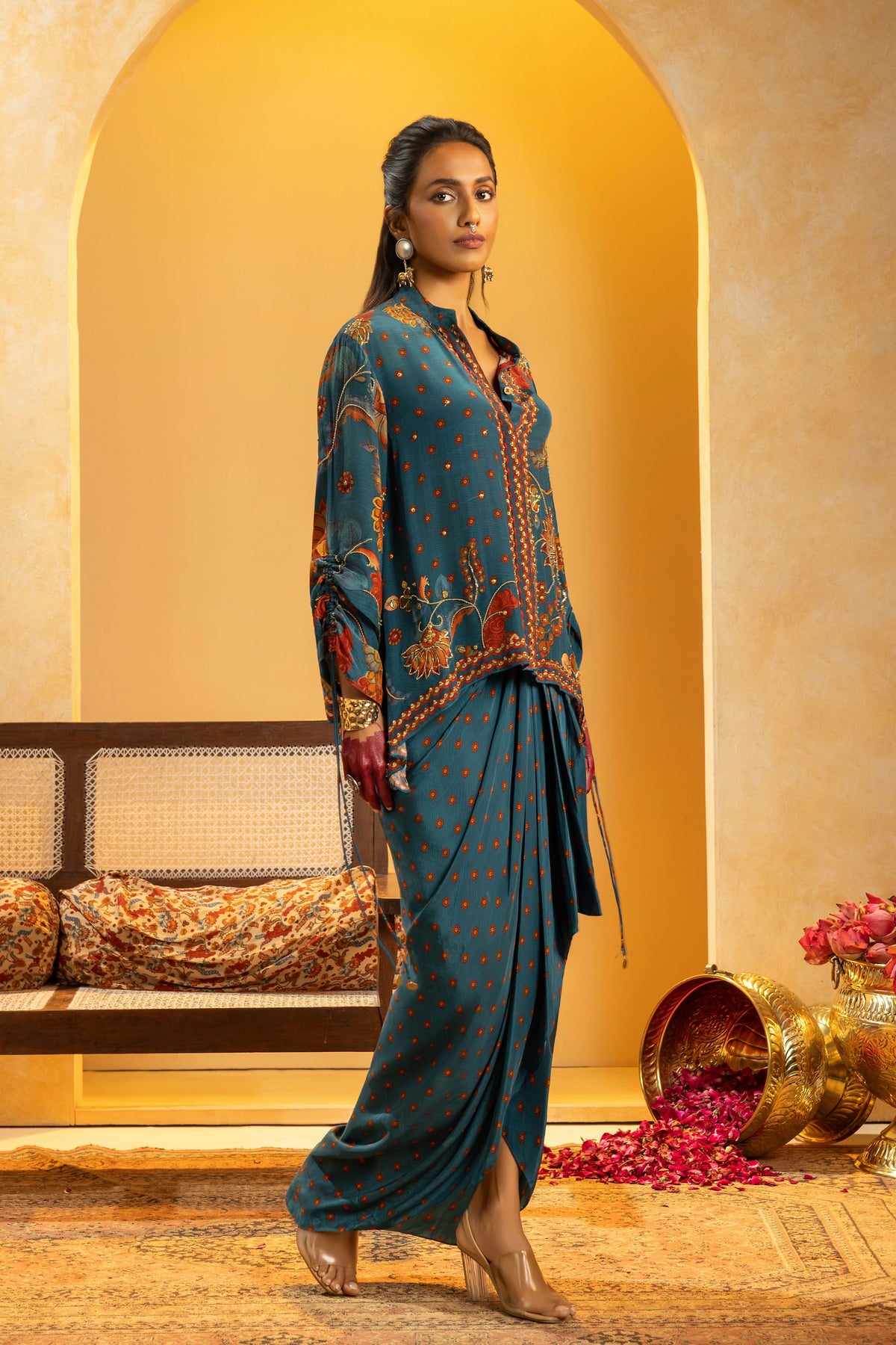 Blue Embellished Drape Skirt Set