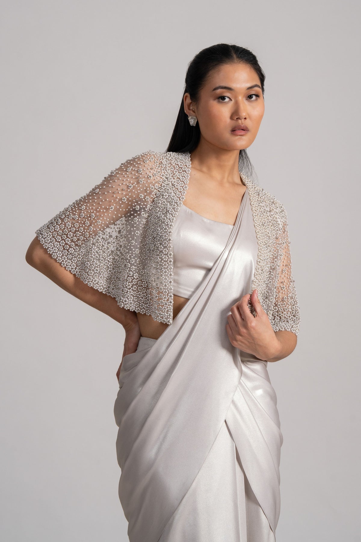 Pearl Meteor Glossy Draped Saree Set
