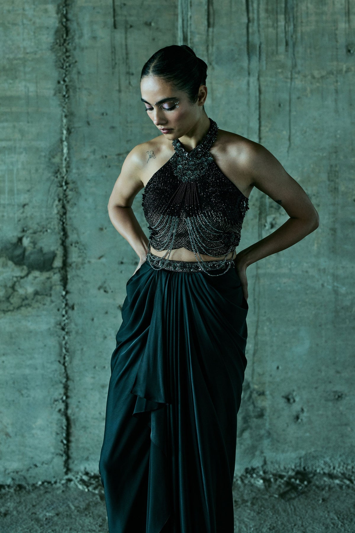 Black Embellished Bustier With Skirt