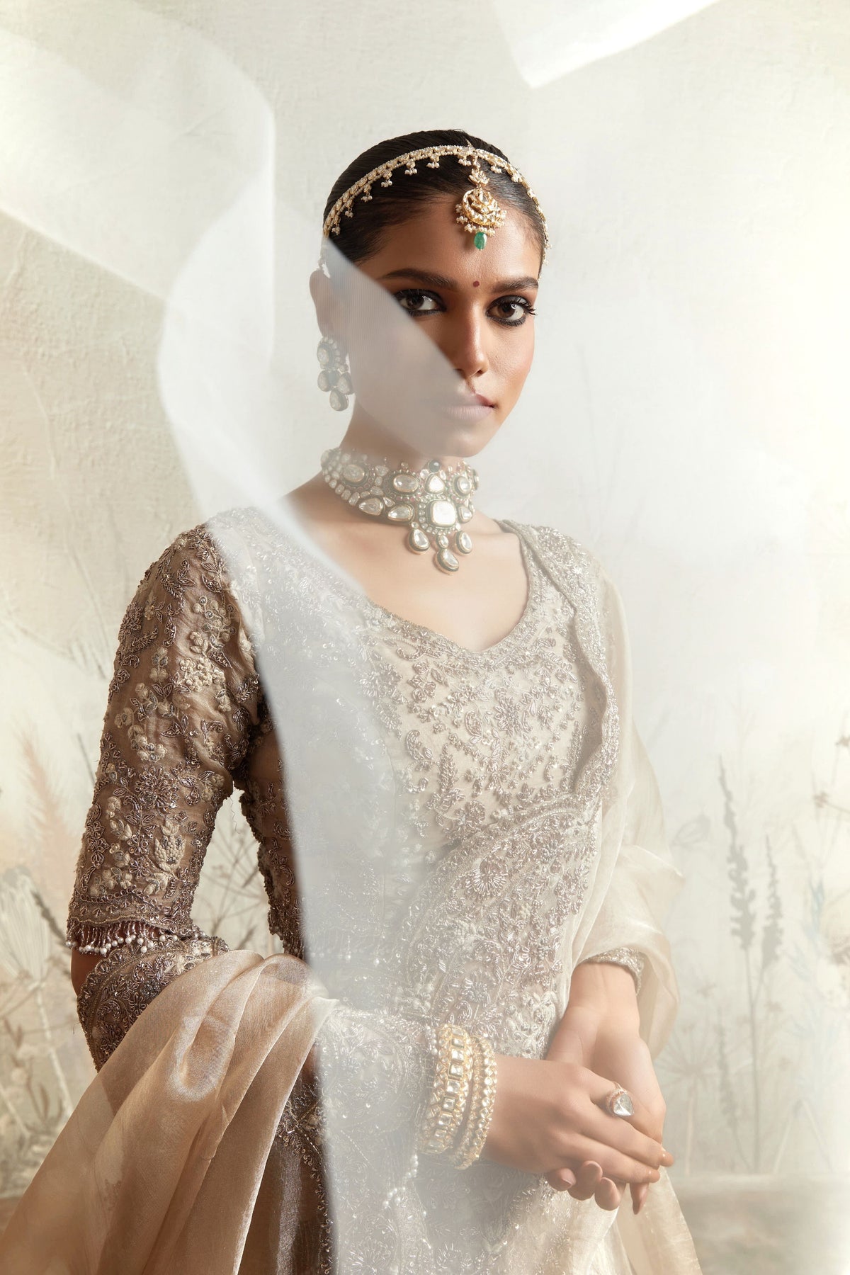 Beige Corner Butta Lehenga Set