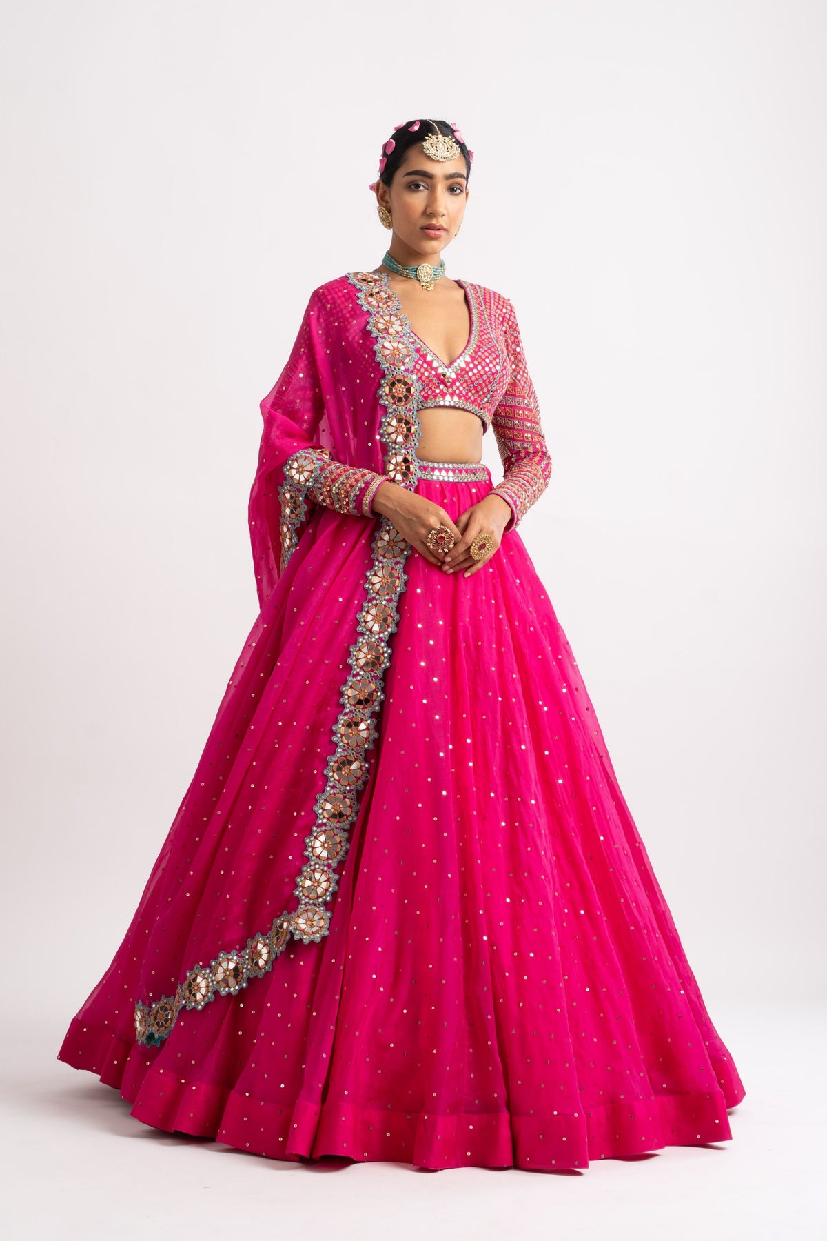 Fuschia silk organza lehenga