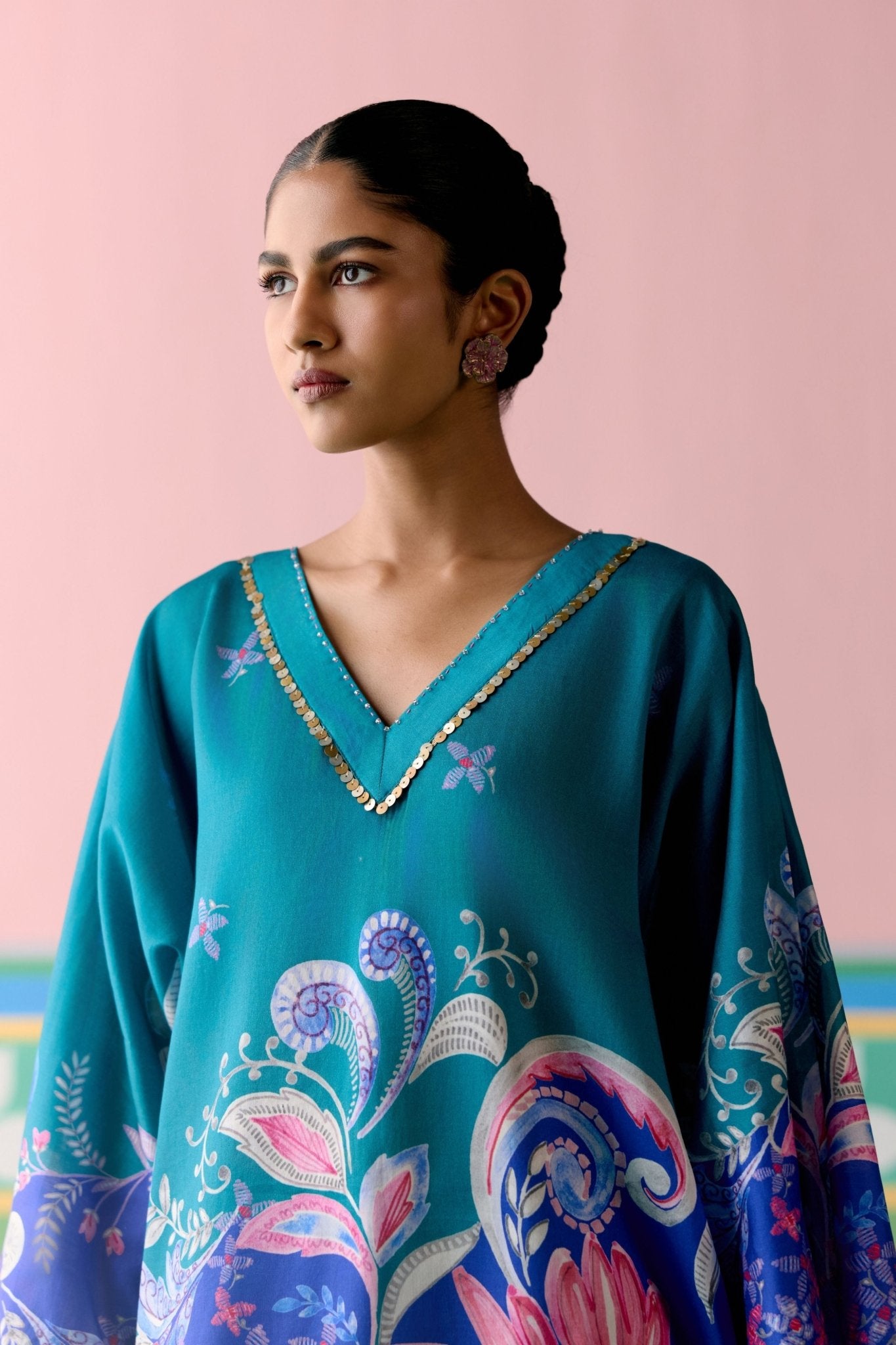Teal Paisley Short Kaftan Set - Label Mogra - Elahe
