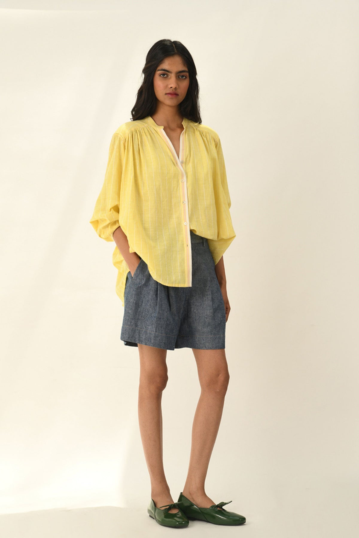Sabinii Band Collared Smocking Shirt