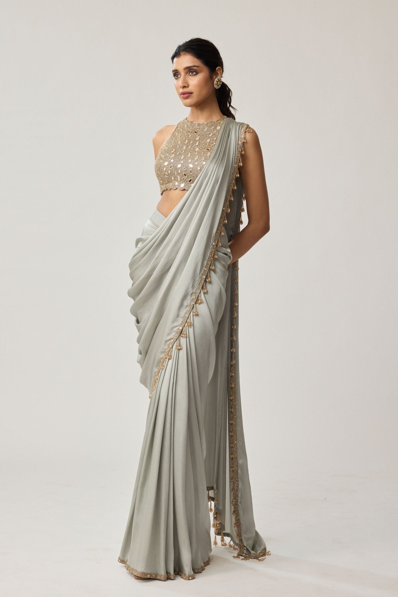 Powder Grey Draped Saree Set - Vvani by Vani Vats - Elahe