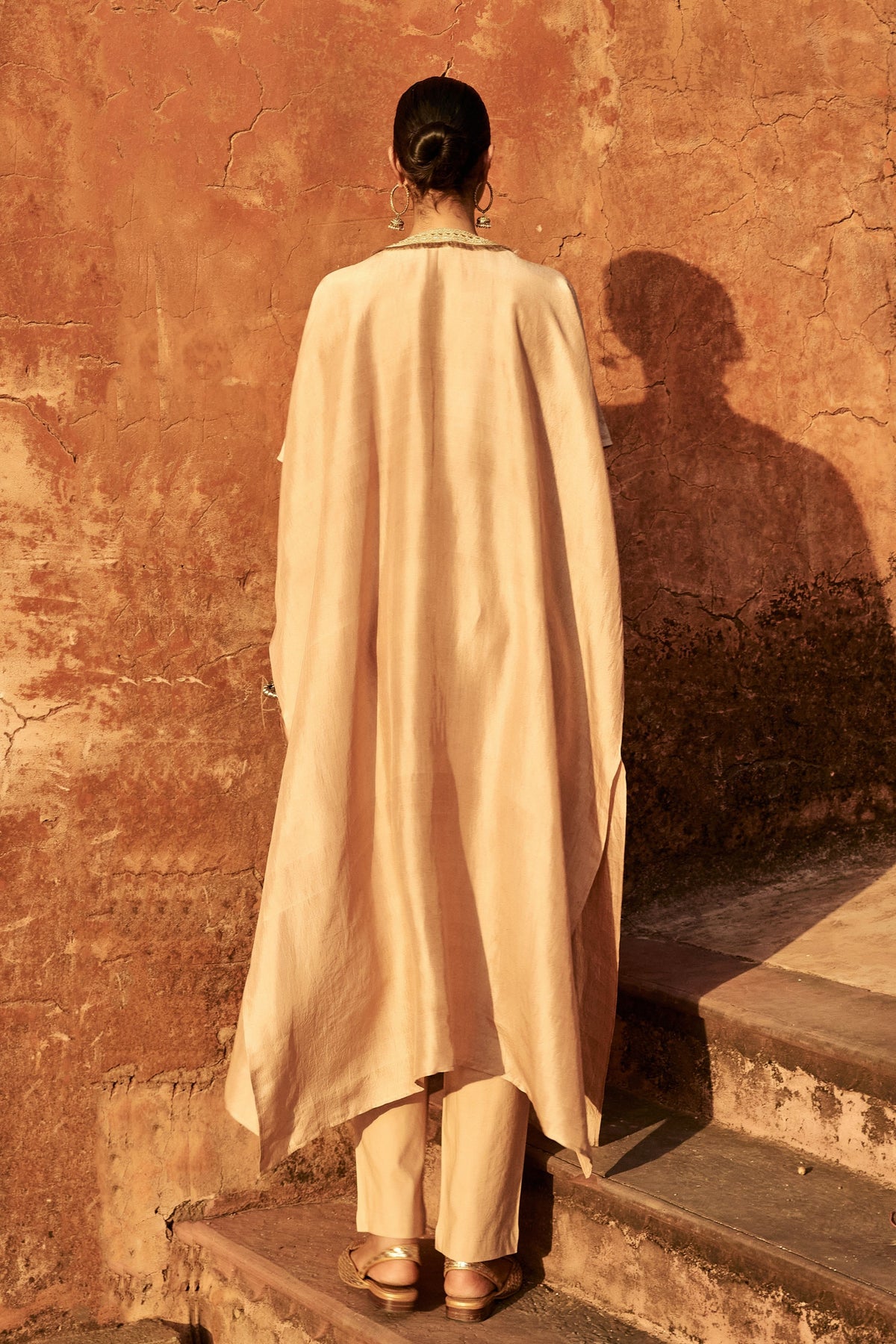Gota Yoke Beige Kaftan Set