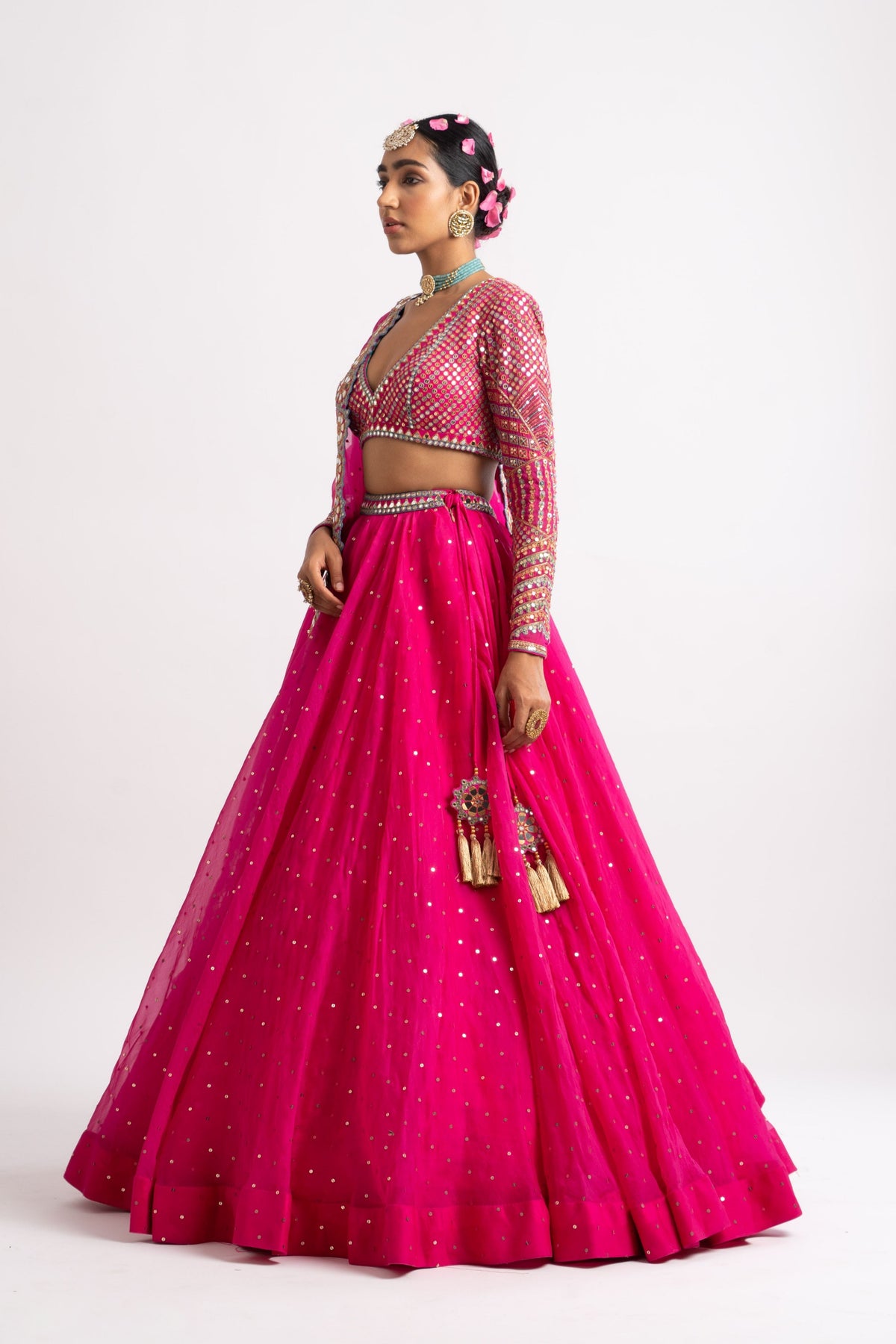 Fuschia silk organza lehenga