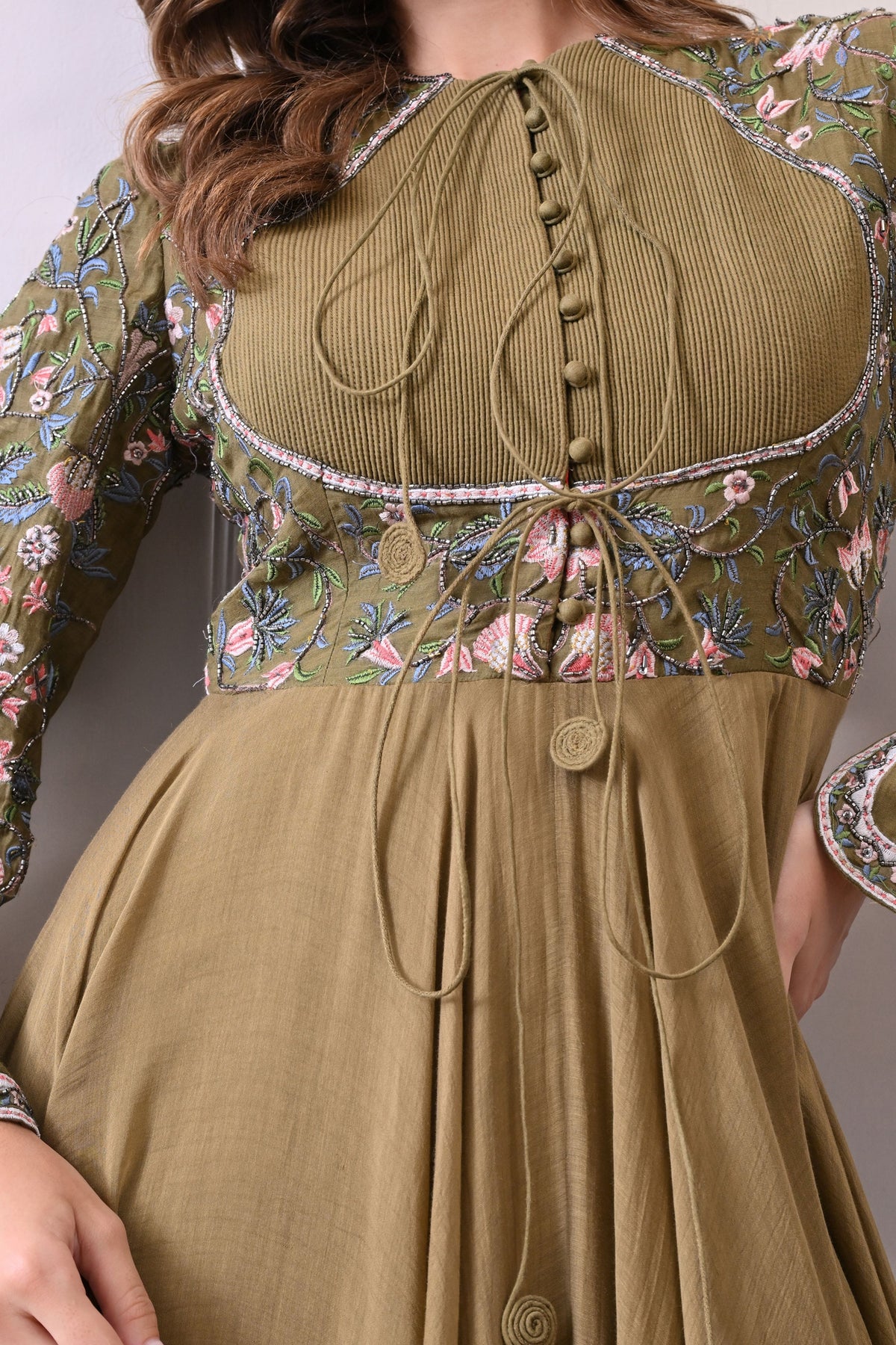 Olive Trumpet Sleeves Embroidered Anarkali