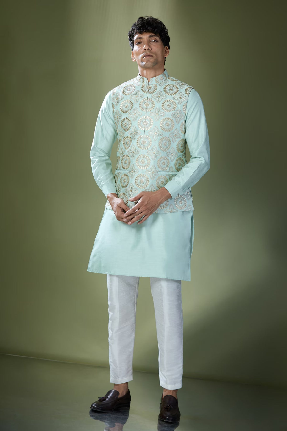 Sea Green Embroidered Nehru Jacket Set