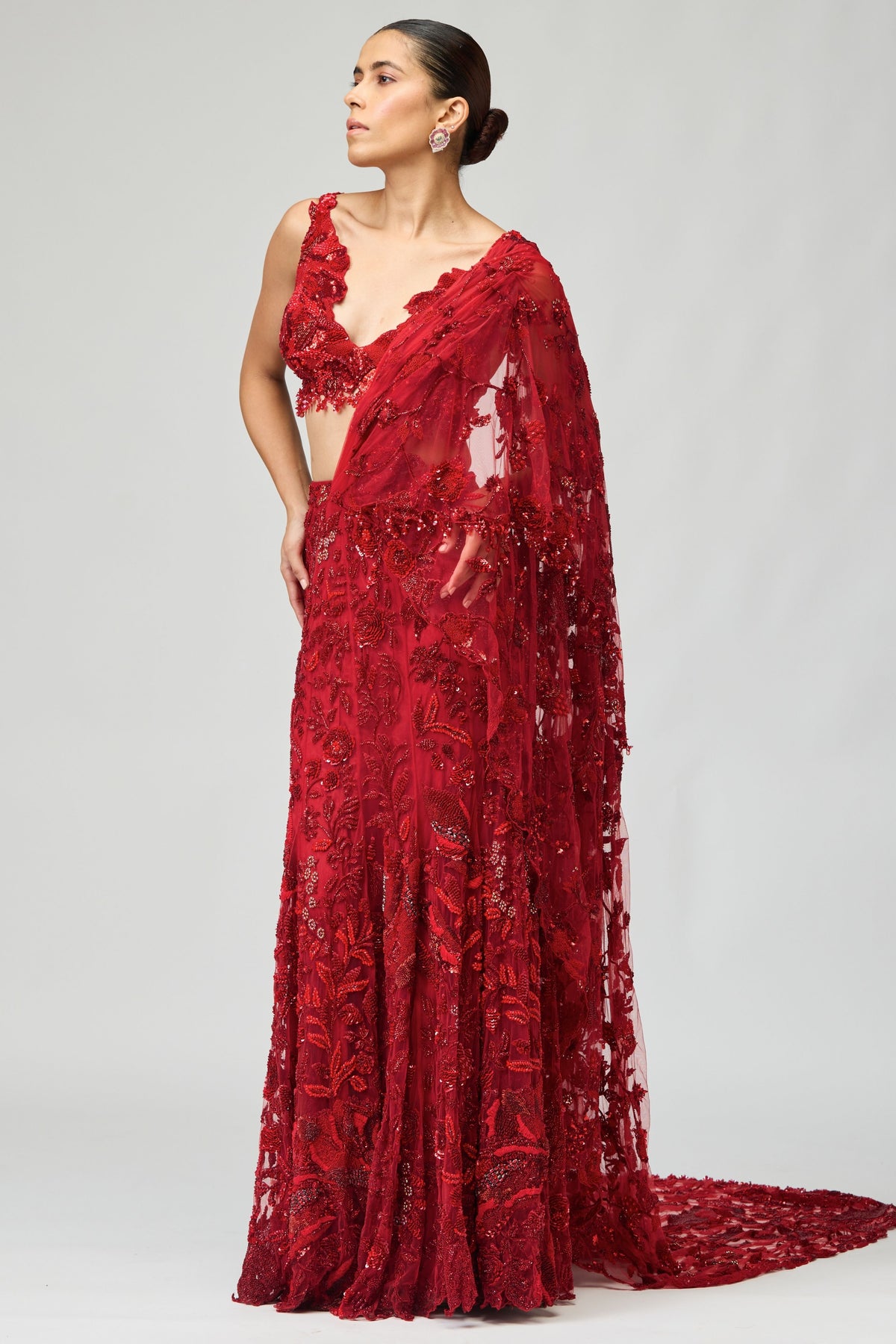 Red Embroidered Saree Set