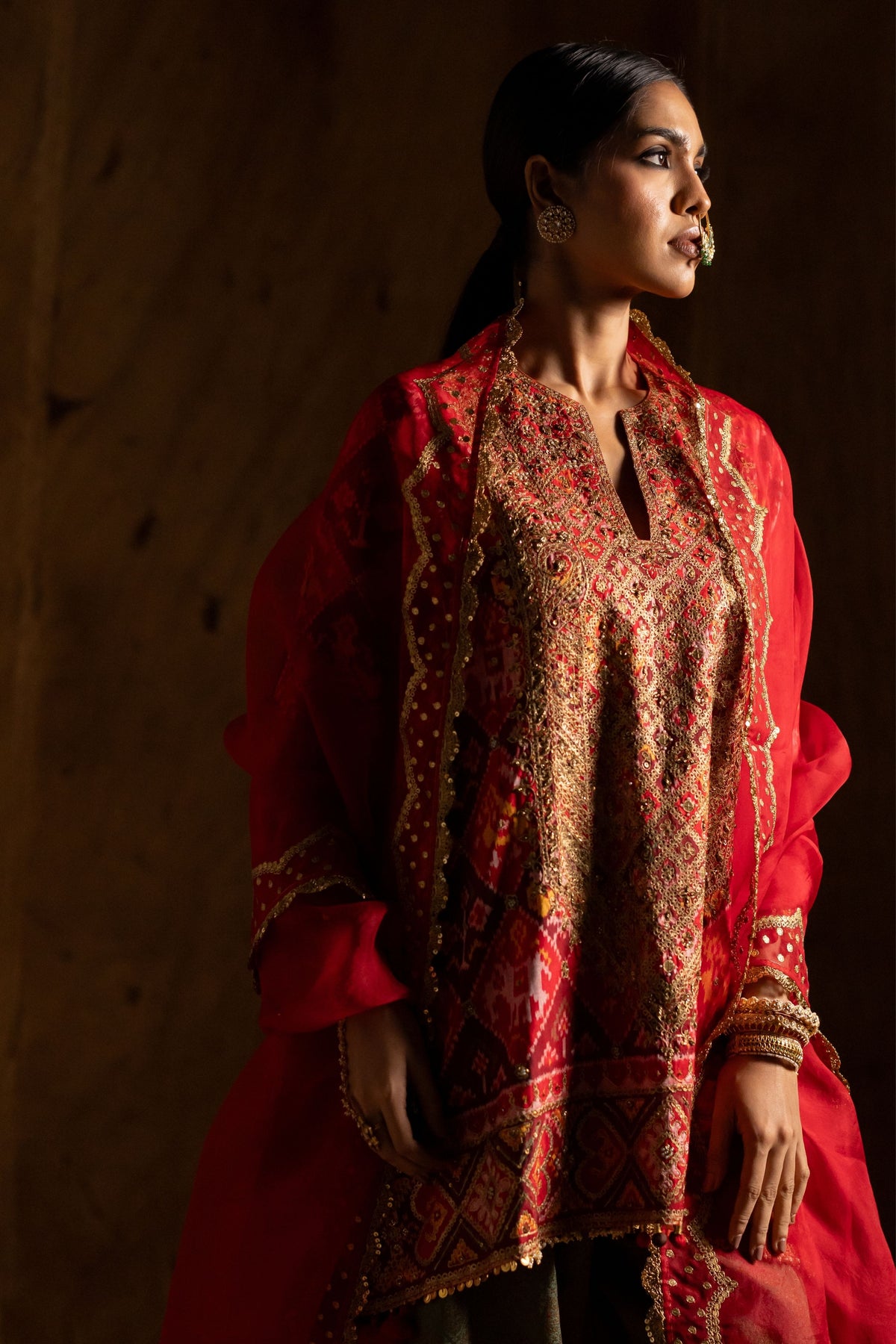 Red Checks Patola Kurta Set