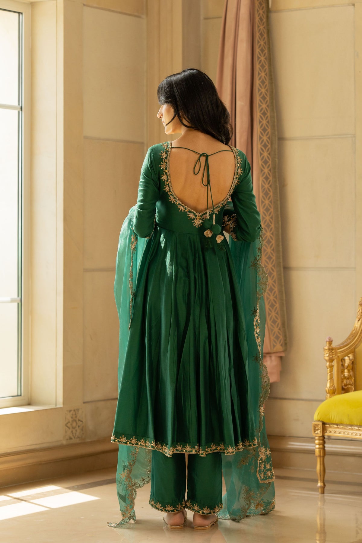 Emerald Green Chiniya Silk Anarkali Set - Emerald Green / L Emerald Green Chiniya Silk Anarkali Set - Emerald Green / L