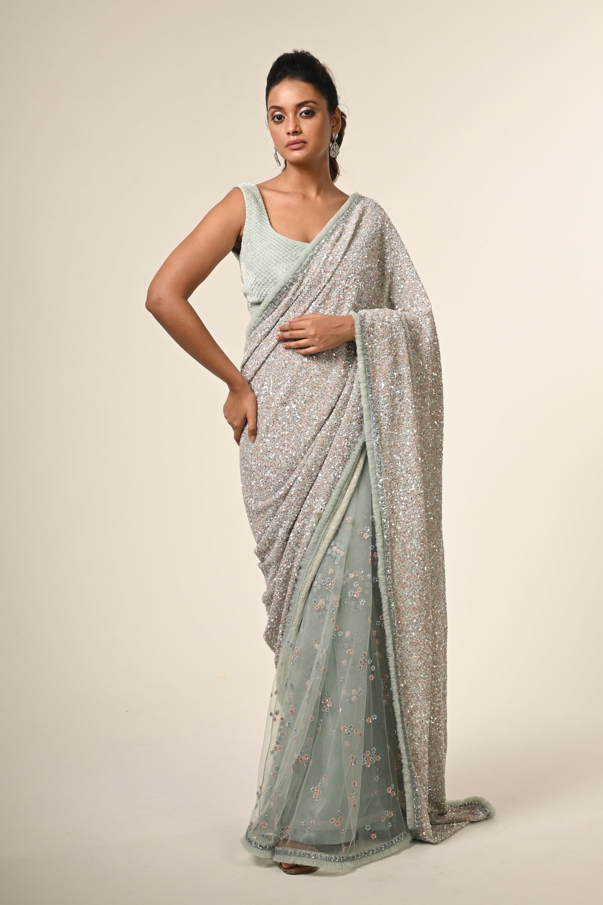 Powder Blue Sequined Saree Set