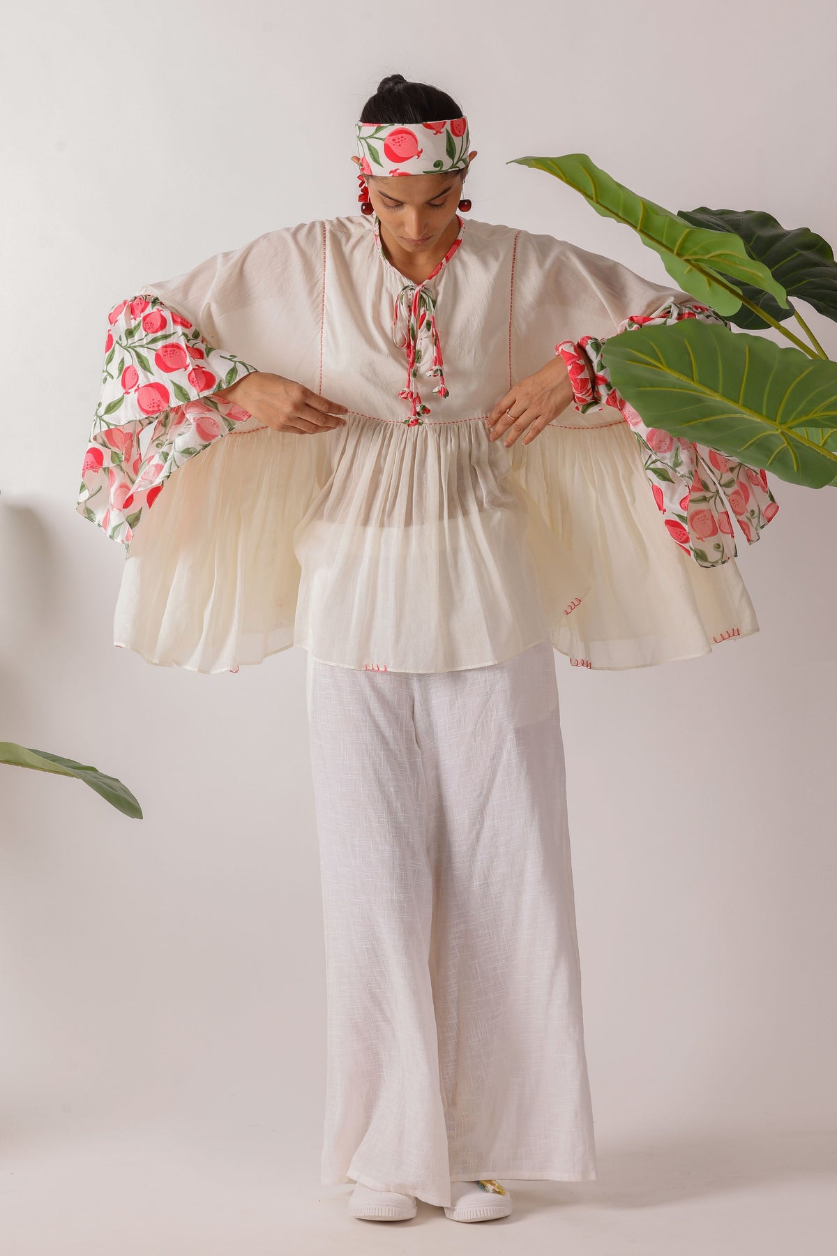 Pomegranate Printed Flared Sleeves Top