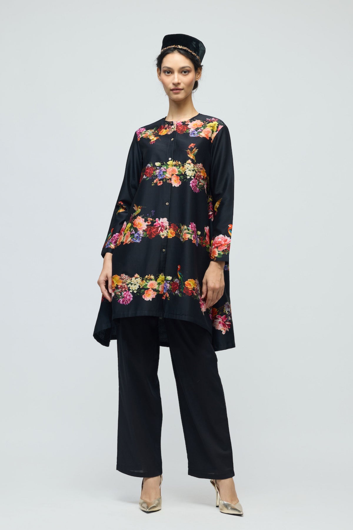 Black Floral Chanderi Tunic Set