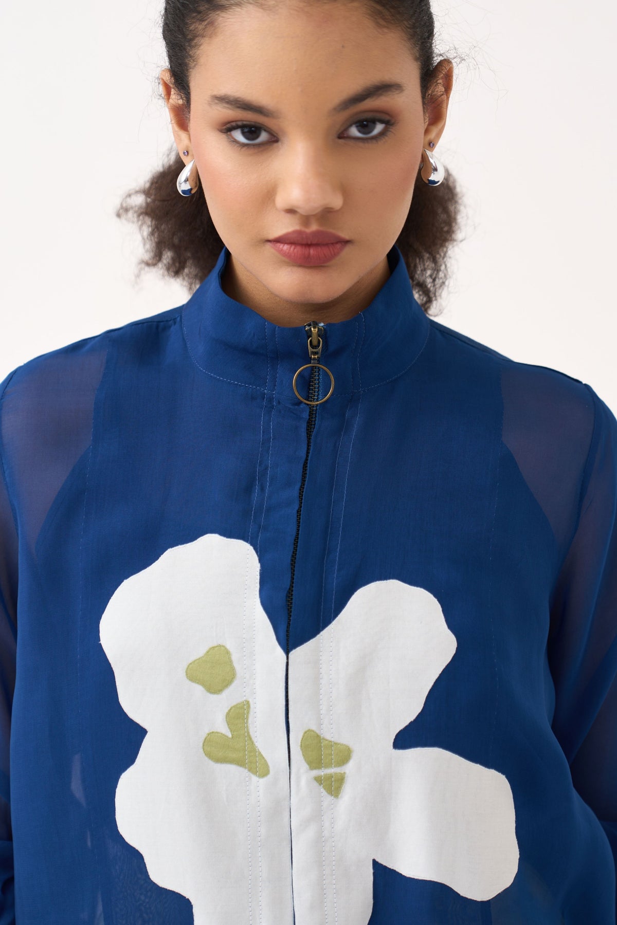 High Neck Floral Apllique Bomber Jacket