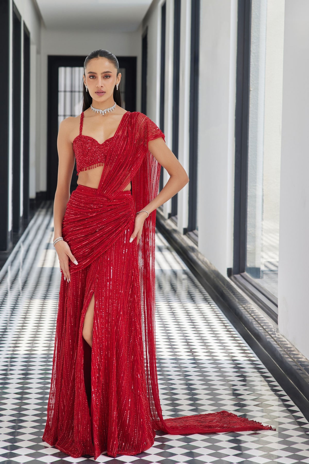 Red Drape Saree With a Slit Skirt